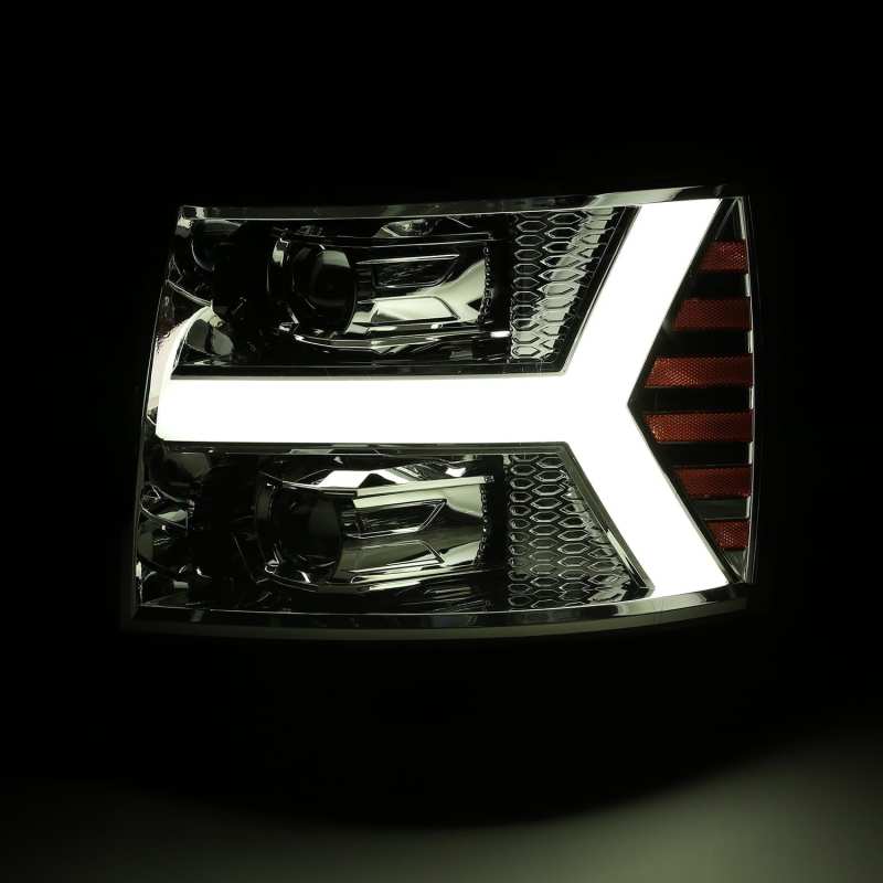 AlphaRex LUXX LED Projector Headlights for 07-13 Chevy 1500, featuring a sleek plank design and chrome finish.