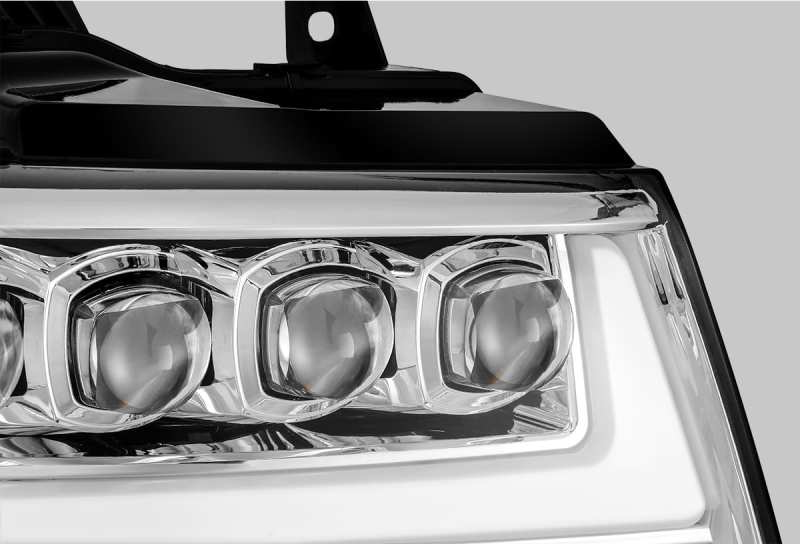 AlphaRex NOVA LED projector headlights for 07-13 Chevy Avalanche, featuring a sleek plank style design and advanced lighting technology.