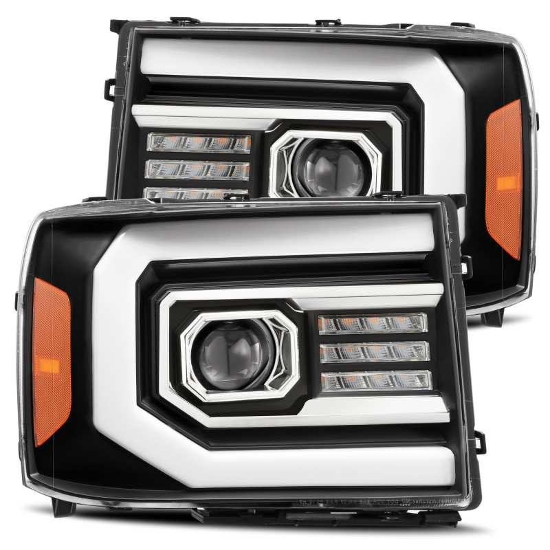 AlphaRex PRO-Series projector headlights for 07-13 GMC 1500HD in matte finish, showcasing sleek design and advanced lighting technology.