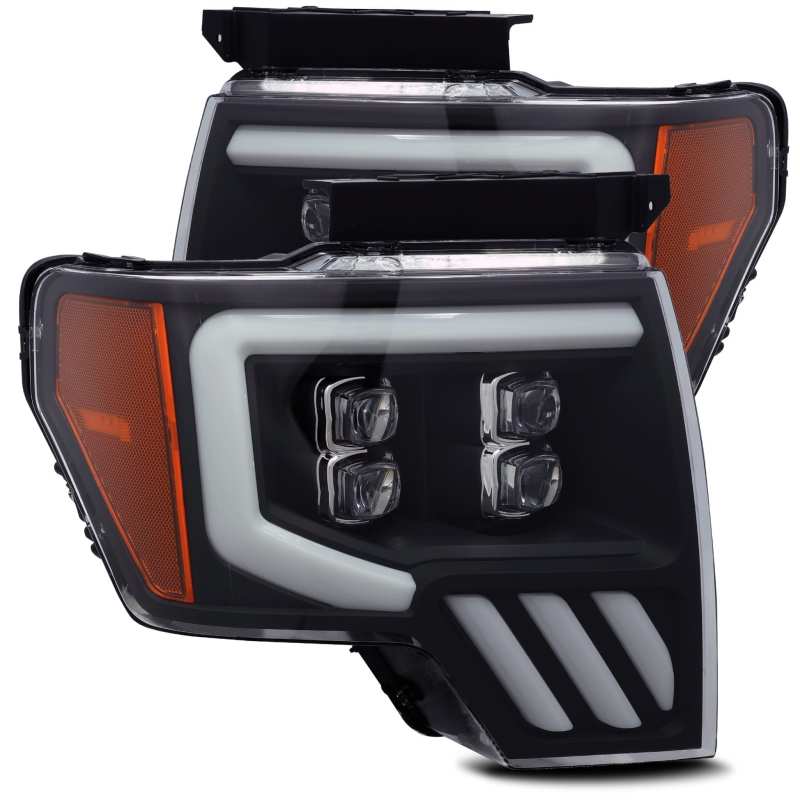 AlphaRex NOVA LED projector headlights for 2009-2014 Ford F-150, featuring a sleek matte black finish and advanced LED technology.