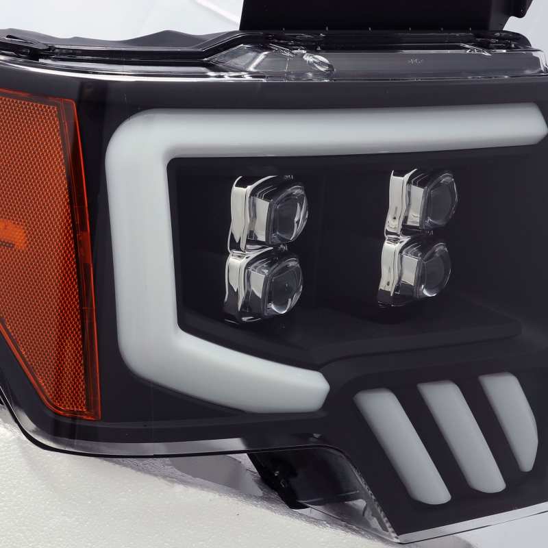 AlphaRex NOVA LED projector headlights for 2009-2014 Ford F-150, featuring a sleek matte black finish and advanced LED technology.