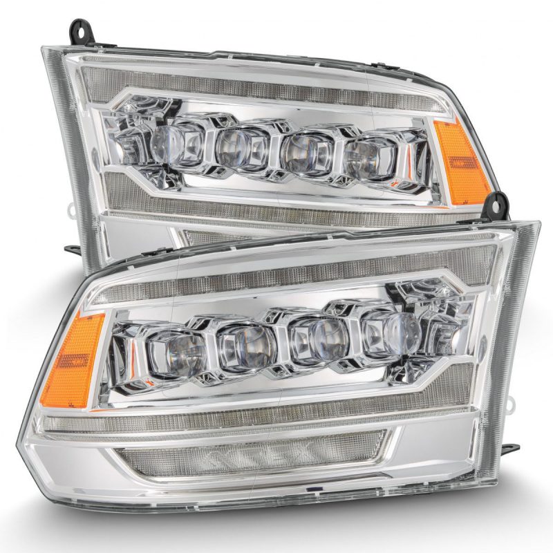 AlphaRex NOVA LED projector headlights for Ram 2500, featuring a chrome plank style design and advanced LED technology.