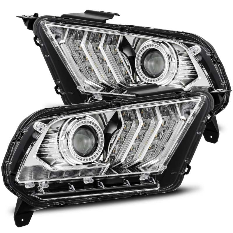 AlphaRex LUXX LED Projector Headlights for 2010-2012 Ford Mustang in chrome finish, showcasing modern plank style design.