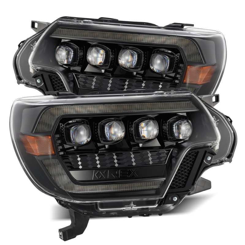 AlphaRex NOVA LED projector headlights for 2012-2015 Toyota Tacoma, featuring sleek black design and advanced lighting technology.