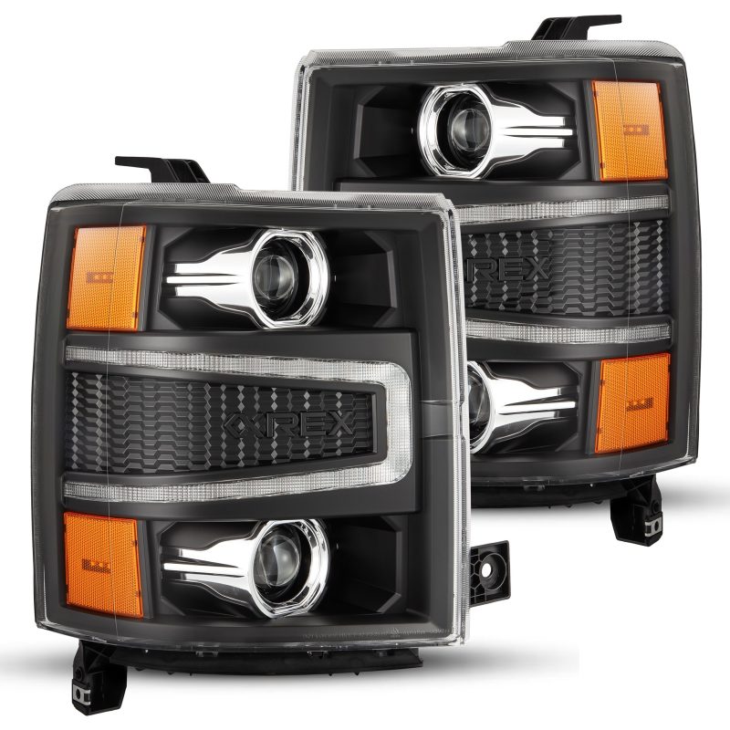 AlphaRex PRO-Series projector headlights for 2014-2015 Chevy Silverado 1500 in black with sequential lighting.