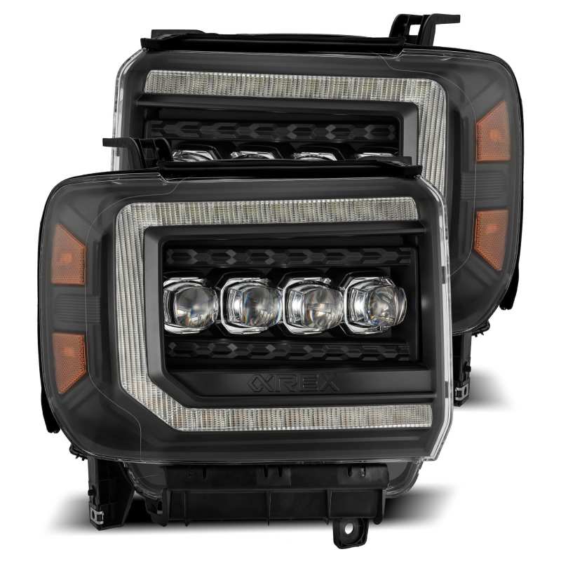 AlphaRex NOVA LED projector headlights for GMC Sierra, featuring a sleek black plank style design and advanced LED technology.