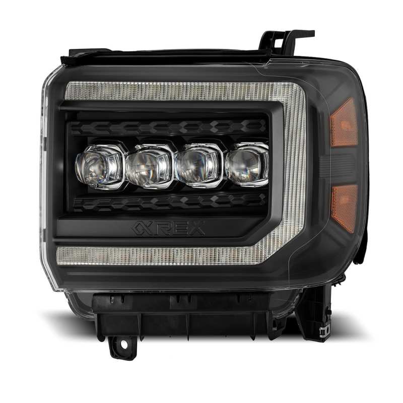 AlphaRex NOVA LED projector headlights for GMC Sierra, featuring a sleek black plank style design and advanced LED technology.