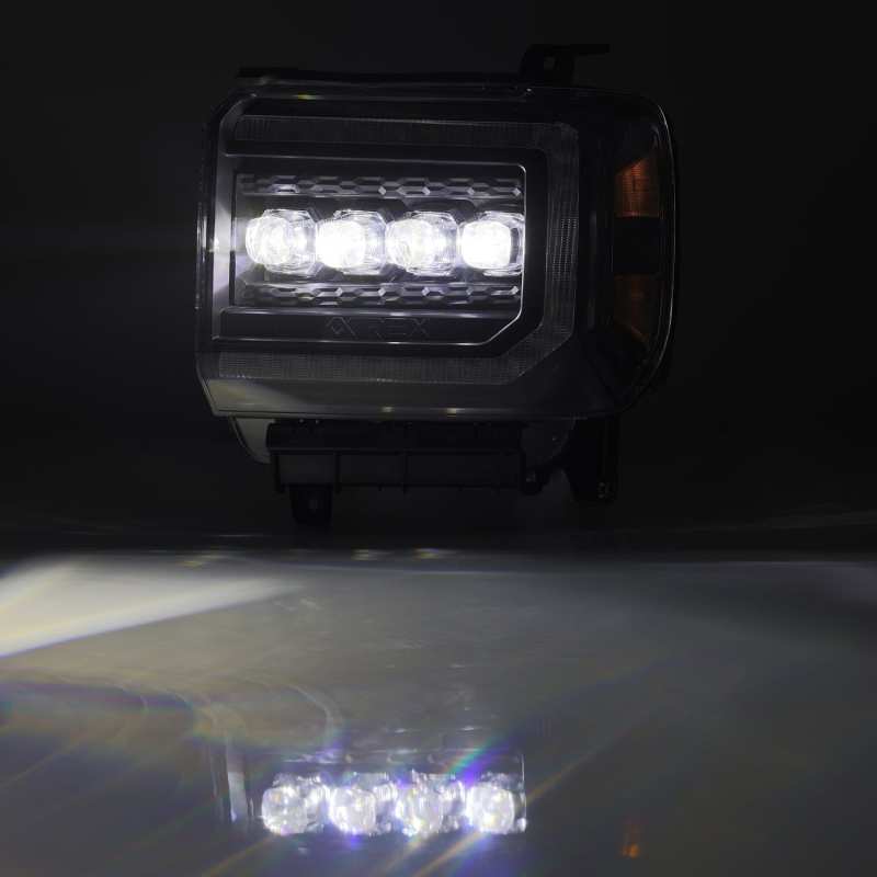 AlphaRex NOVA LED projector headlights for GMC Sierra, featuring a sleek black plank style design and advanced LED technology.