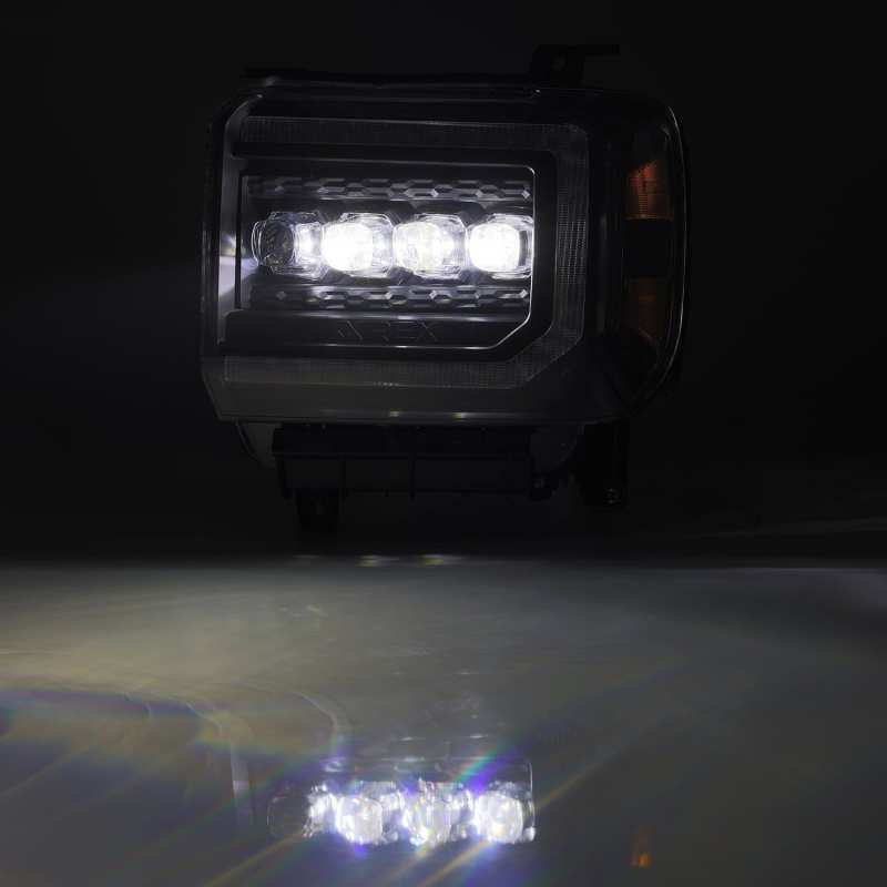 AlphaRex NOVA LED projector headlights for GMC Sierra, featuring a sleek black plank style design and advanced LED technology.