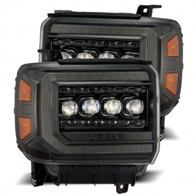 AlphaRex NOVA LED projector headlights for GMC Sierra, featuring Ice Cube 3D technology and sleek Plnk design.