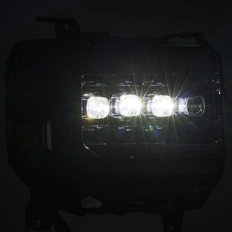 AlphaRex NOVA LED projector headlights for GMC Sierra, featuring Ice Cube 3D technology and sleek Plnk design.