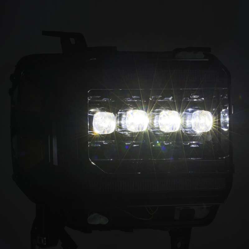 AlphaRex NOVA LED projector headlights for GMC Sierra, featuring Ice Cube 3D technology and sleek Plnk design.