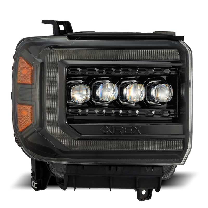 AlphaRex NOVA LED projector headlights for GMC Sierra, featuring Ice Cube 3D technology and sleek Plnk design.