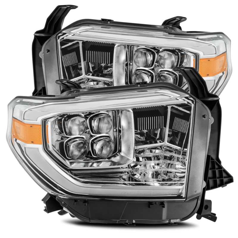 AlphaRex NOVA LED projector headlights for 2014-2019 Toyota Tundra, featuring Ice Cube 3D projector technology and Osram LED chips.