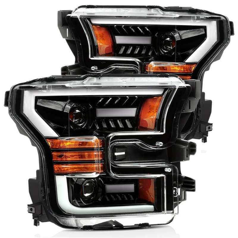 AlphaRex LUXX LED Projector Headlights for 2015-2017 Ford F-150, featuring a sleek plank style design for enhanced visibility.