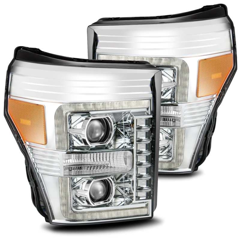 AlphaRex PRO-Series Projector Headlights for 2011-2016 Ford F-250, featuring a sleek plank design and advanced projector technology.