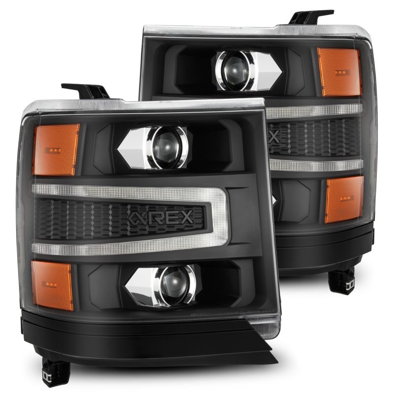 AlphaRex LUXX LED Projector Headlights for 2016-2018 Chevy Silverado 1500, featuring sleek black housing and sequential activation.