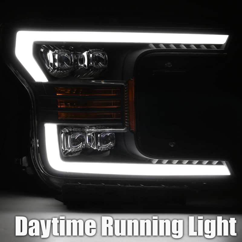 AlphaRex NOVA LED Projector Headlights for 2018-2019 Ford F-150, featuring Ice Cube 3D projector technology and sleek plank style design.