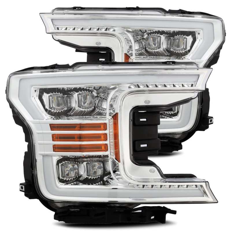 AlphaRex NOVA LED Projector Headlights for 2018-2019 Ford F-150, featuring Ice Cube 3D projector technology and sleek plank style design.