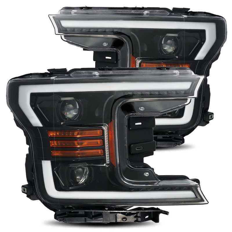 AlphaRex LUXX LED Projector Headlights for 2018-2020 Ford F-150 in jet black with plank style design.