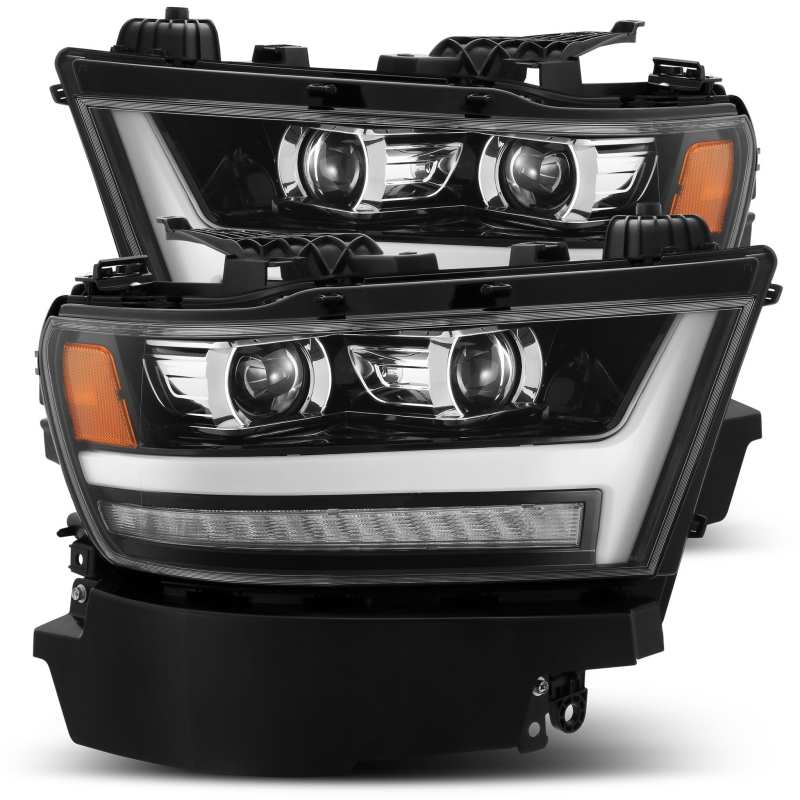 AlphaRex LUXX LED Projector Headlights for 2019-2020 Dodge Ram 1500 in plank jet black finish, showcasing sleek design and advanced lighting technology.