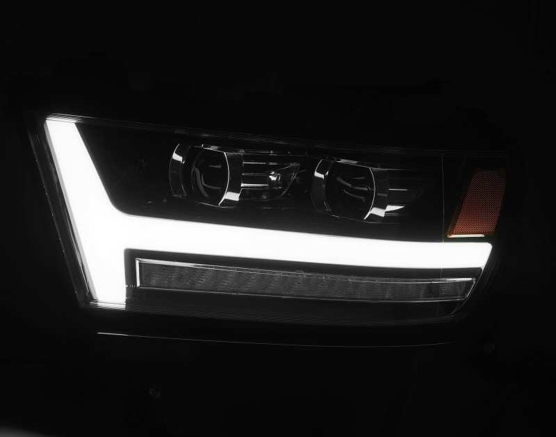 AlphaRex LUXX LED Projector Headlights for 2019-2020 Dodge Ram 1500 in plank jet black finish, showcasing sleek design and advanced lighting technology.