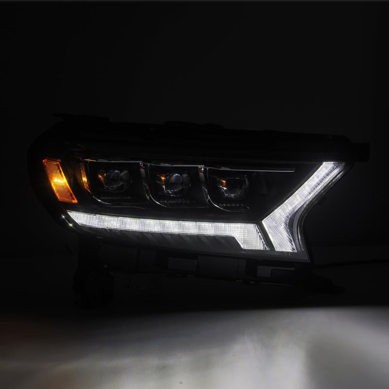 AlphaRex NOVA LED projector headlights for 2019-2021 Ford Ranger in sleek black finish, showcasing advanced lighting technology and modern design.