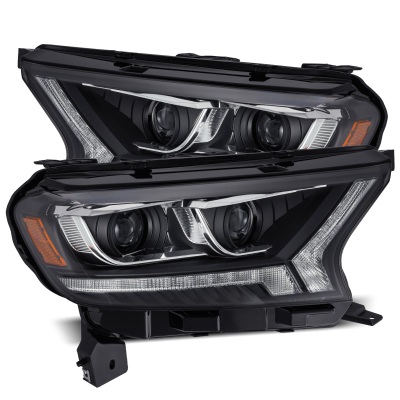 AlphaRex PRO-Series Projector Headlights for 2019+ Ford Ranger in sleek black design, showcasing modern plank style and advanced lighting technology.