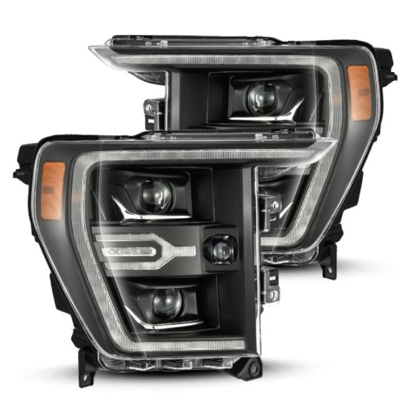 AlphaRex Luxx-Series projector headlights for 2021-2022 Ford F-150, featuring a sleek black design and advanced lighting technology.