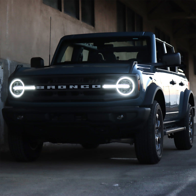 AlphaRex NOVA LED Projector Headlights for 2021-2023 Ford Bronco in black, showcasing modern design and advanced LED technology.