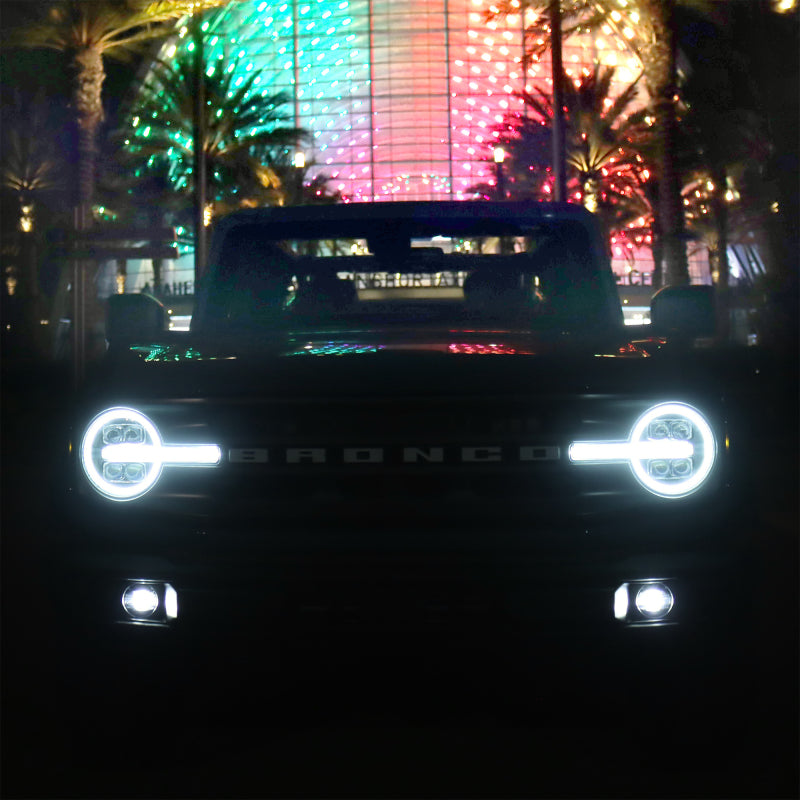 AlphaRex NOVA LED Projector Headlights for 2021-2023 Ford Bronco in black, showcasing modern design and advanced LED technology.