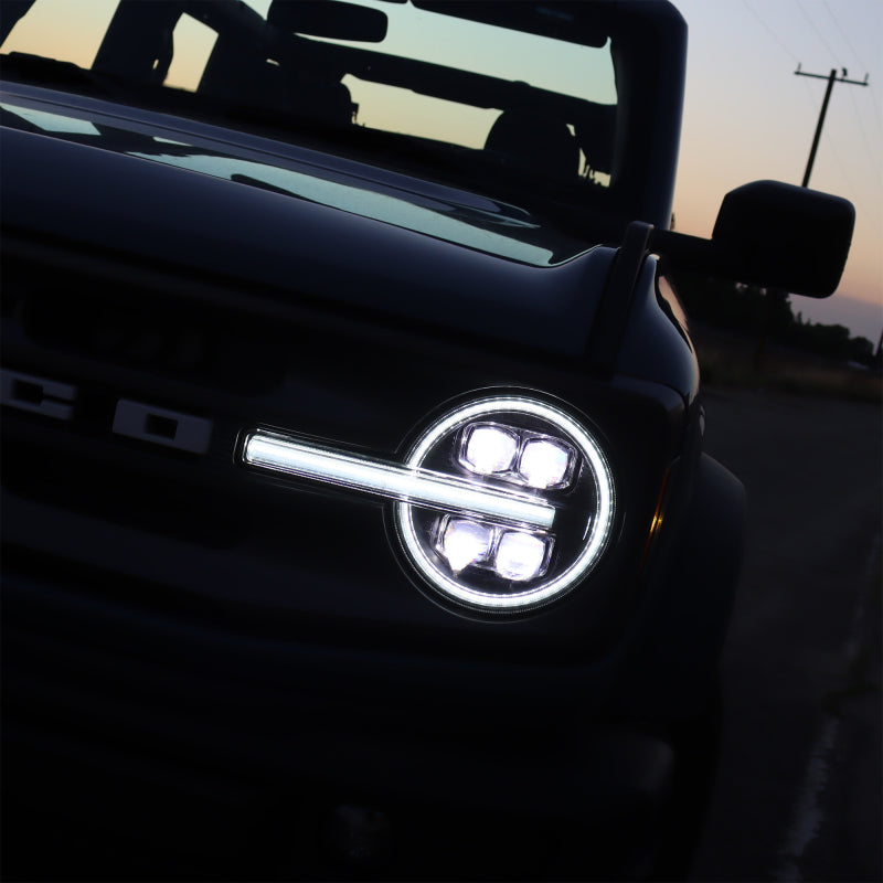 AlphaRex NOVA LED Projector Headlights for 2021-2023 Ford Bronco in black, showcasing modern design and advanced LED technology.