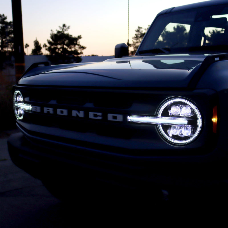 AlphaRex NOVA LED Projector Headlights for 2021-2023 Ford Bronco in black, showcasing modern design and advanced LED technology.