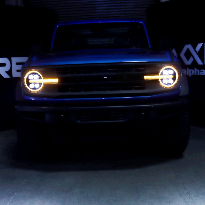 AlphaRex NOVA LED Projector Headlights for 2021-2023 Ford Bronco in black, showcasing modern design and advanced LED technology.