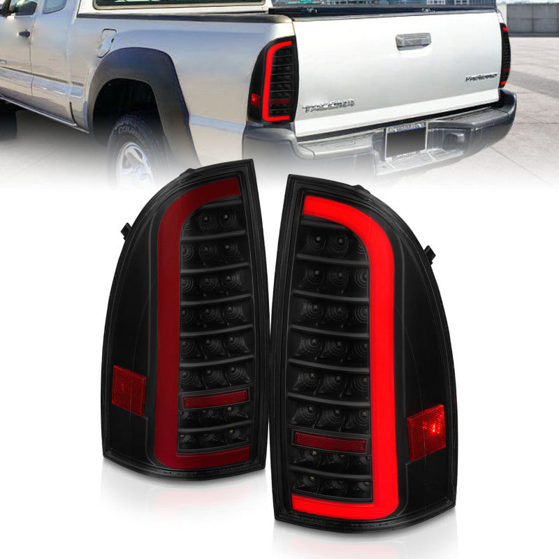 ANZO Full LED Tail Lights for 2005-2015 Toyota Tacoma with sequential light bar design, showcasing modern styling and bright illumination.