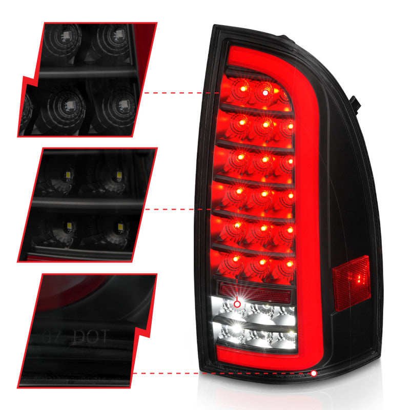 ANZO Full LED Tail Lights for 2005-2015 Toyota Tacoma with sequential light bar design, showcasing modern styling and bright illumination.