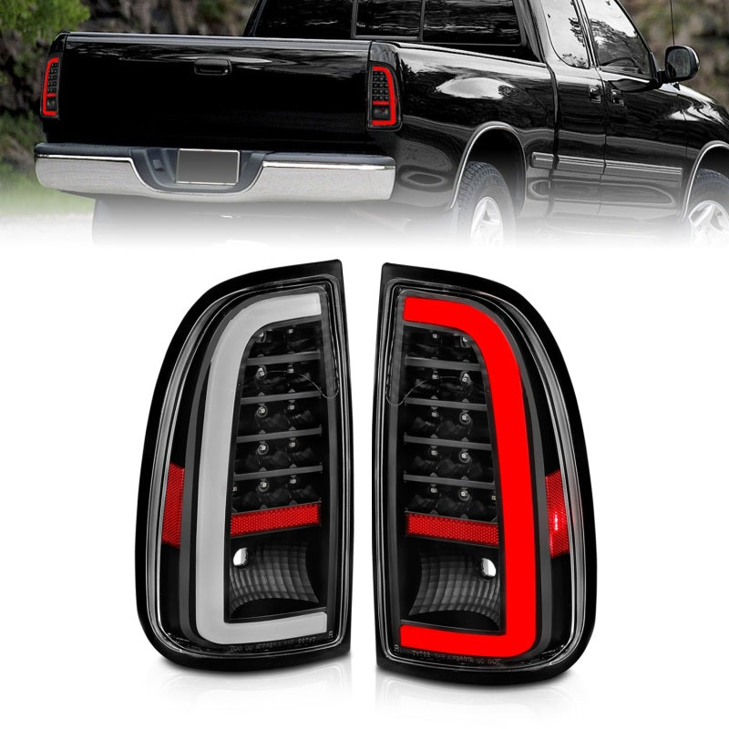 ANZO LED taillights for 2000-2006 Toyota Tundra with black housing and light bar design, enhancing vehicle visibility and style.