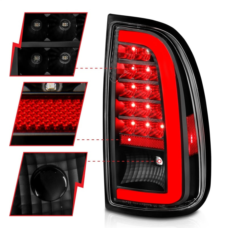 ANZO LED taillights for 2000-2006 Toyota Tundra with black housing and light bar design, enhancing vehicle visibility and style.