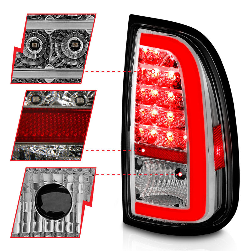 ANZO LED Taillights for 2000-2006 Toyota Tundra with chrome housing and light bar design, showcasing modern automotive lighting.