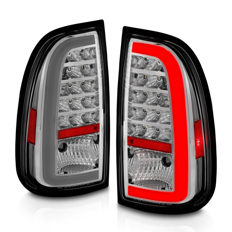 ANZO LED Taillights for 2000-2006 Toyota Tundra with chrome housing and light bar design, showcasing modern automotive lighting.