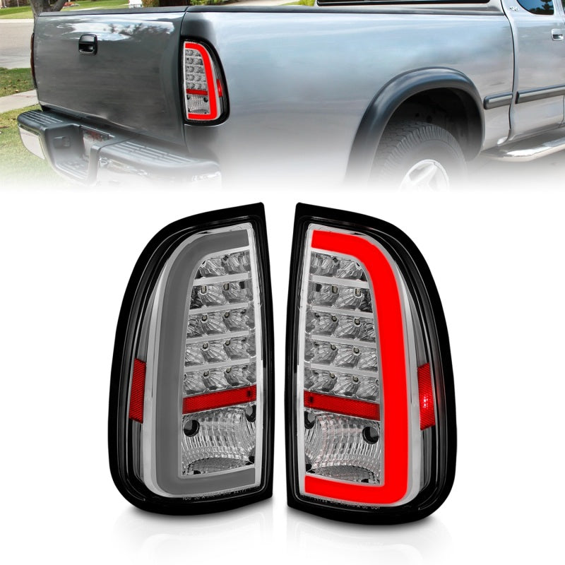 ANZO LED Taillights for 2000-2006 Toyota Tundra with chrome housing and light bar design, showcasing modern automotive lighting.