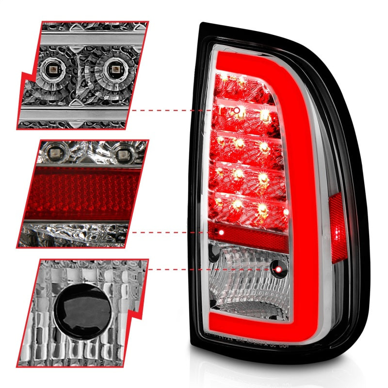 ANZO LED Taillights for 2000-2006 Toyota Tundra with chrome housing and light bar design, showcasing modern automotive lighting.