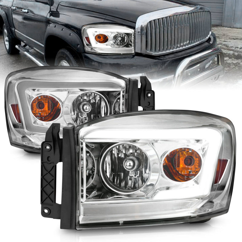 Anzo 06-09 Dodge RAM 1500/2500/3500 headlights featuring chrome housing and clear lens, designed for improved visibility and style.