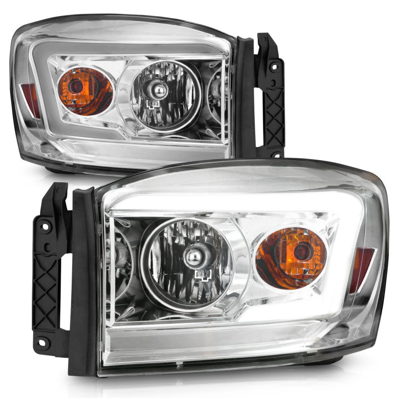 Anzo 06-09 Dodge RAM 1500/2500/3500 headlights featuring chrome housing and clear lens, designed for improved visibility and style.