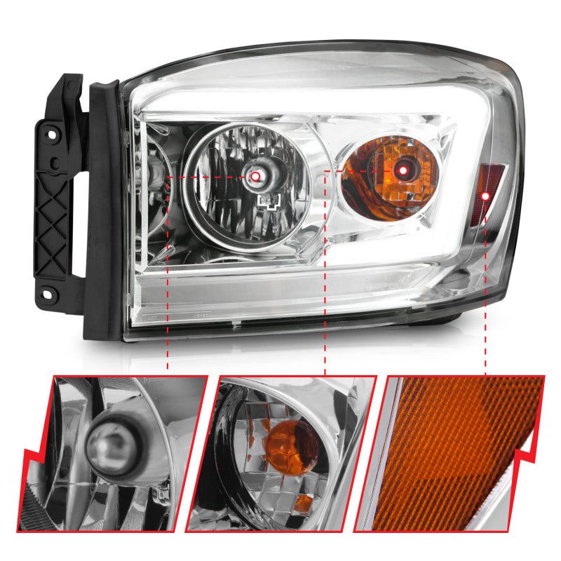 Anzo 06-09 Dodge RAM 1500/2500/3500 headlights featuring chrome housing and clear lens, designed for improved visibility and style.