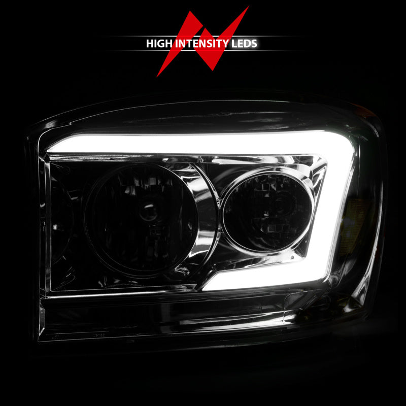 Anzo 06-09 Dodge RAM 1500/2500/3500 headlights featuring chrome housing and clear lens, designed for improved visibility and style.