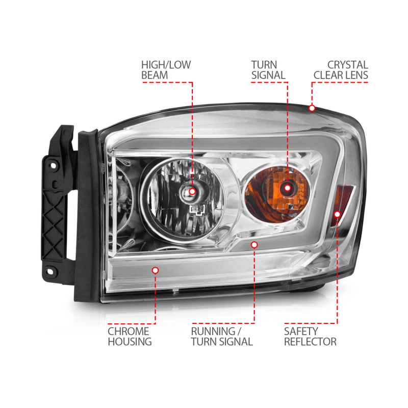 Anzo 06-09 Dodge RAM 1500/2500/3500 headlights featuring chrome housing and clear lens, designed for improved visibility and style.