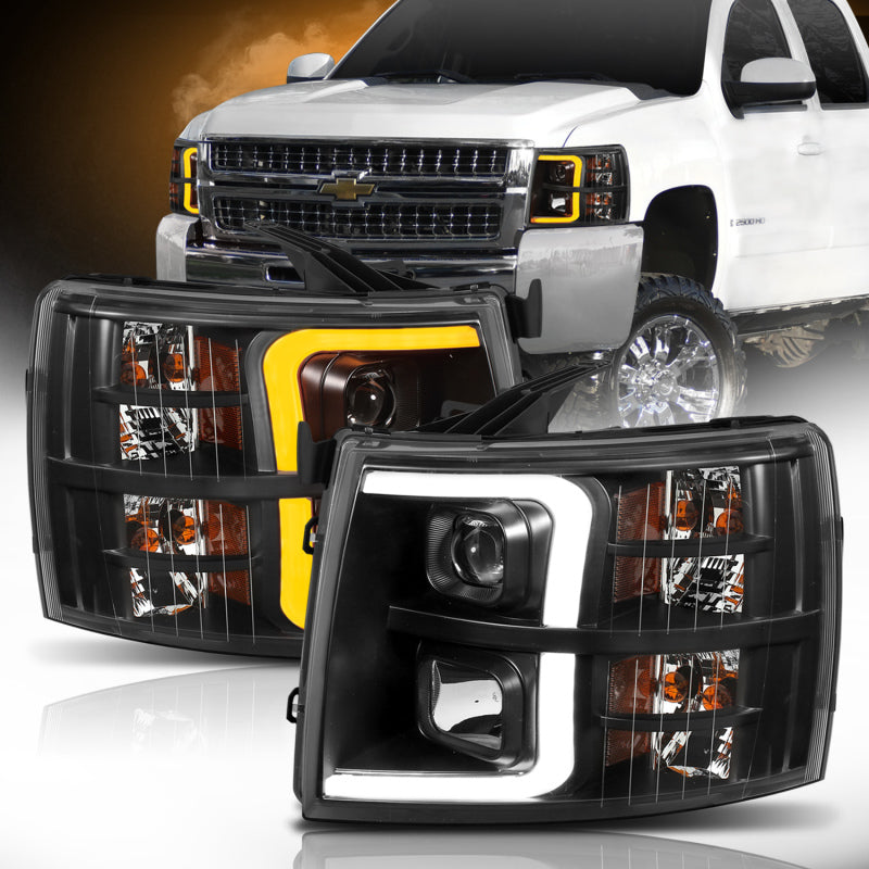 ANZO 07-13 Chevrolet Silverado 1500 Plank Style Projector Headlights showcasing modern design and high-quality construction.