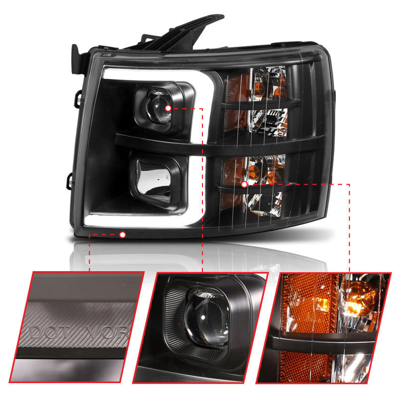 ANZO 07-13 Chevrolet Silverado 1500 Plank Style Projector Headlights showcasing modern design and high-quality construction.