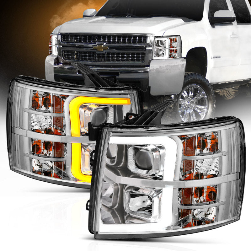 ANZO 07-13 Chevrolet Silverado 1500/2500/3500 projector headlights with plank design, showcasing modern styling and enhanced visibility.